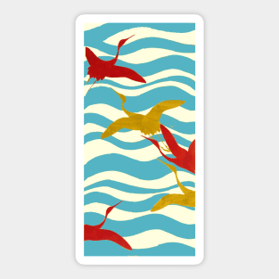 RED YELLOW FLYING CRANES ON WHITE BLUE OCEAN WAVES Sticker